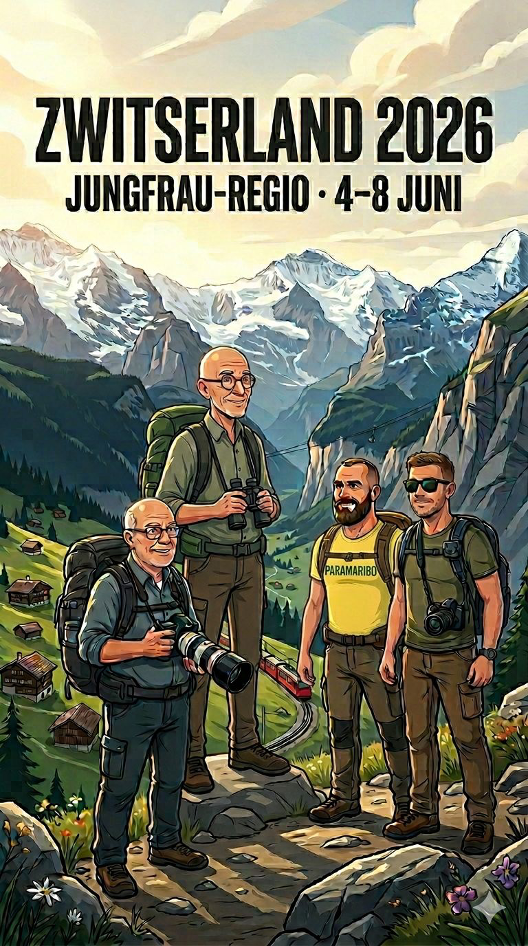 Zwitserland 2026 — Jungfrau-regio, 4–8 juni. Mark, Carel, Richard en Dick in de Zwitserse Alpen, geïllustreerd reisposter.